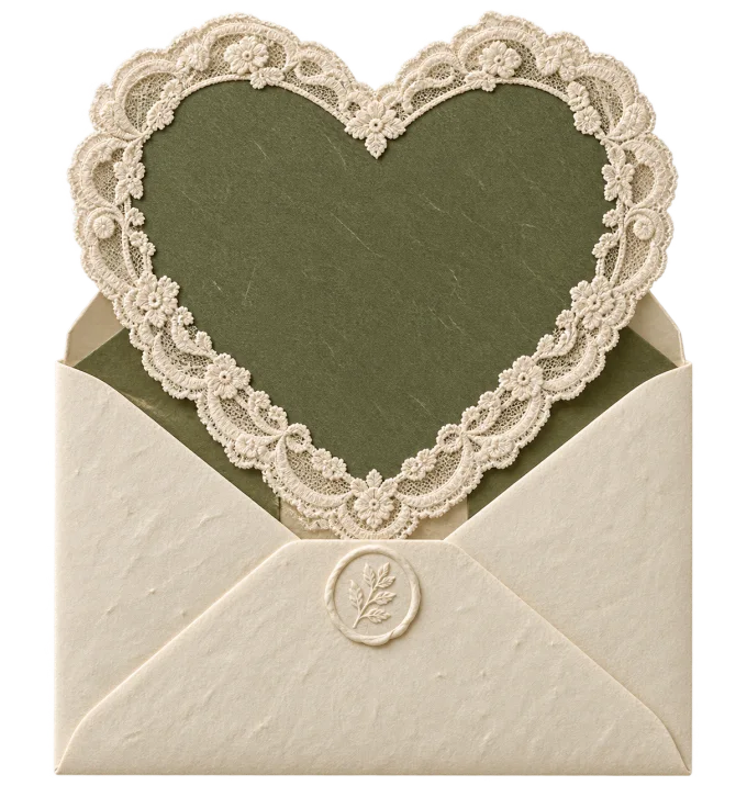 Ivory envelope with an olive lace heart